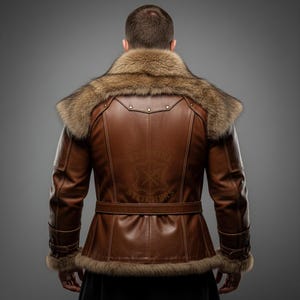 May include: Brown leather jacket with a fur collar and cuffs. The jacket has a belted waist and decorative stitching. The back of the jacket features a logo. The jacket is a medium brown color.