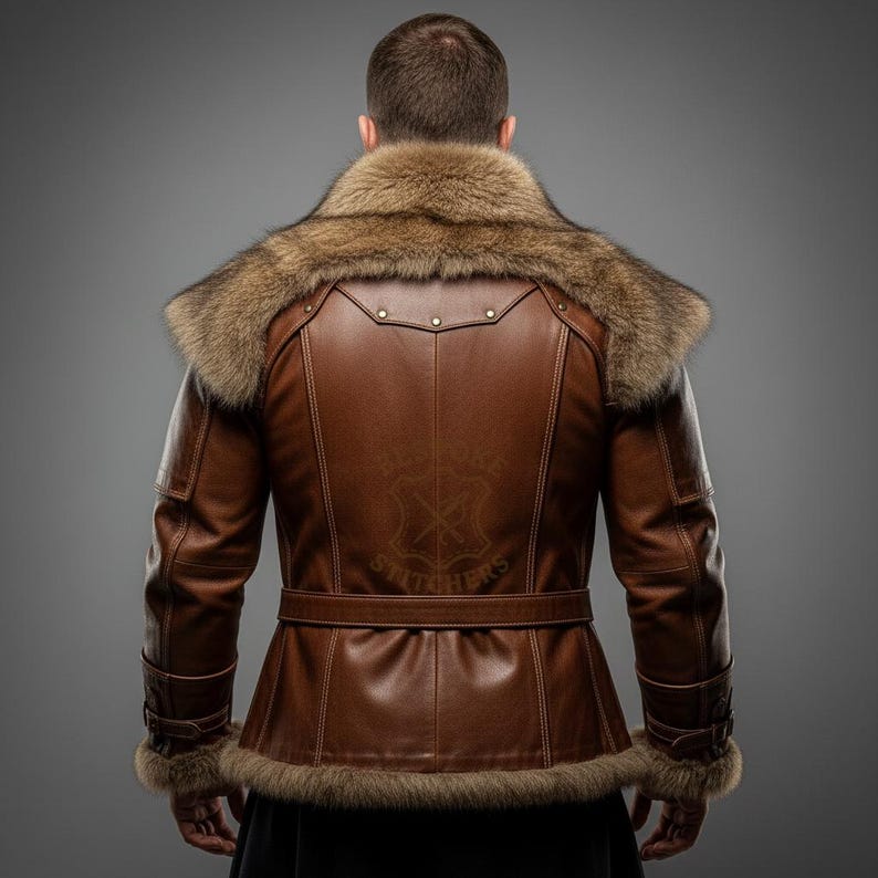 May include: Brown leather jacket with a fur collar and cuffs. The jacket has a belted waist and decorative stitching. The back of the jacket features a logo. The jacket is a medium brown color.