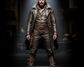 Handmade Men's Genuine Leather Trench Coat Outfit | Custom Brown Duster Set | LARP Cosplay | Tailored Steampunk Streetwear