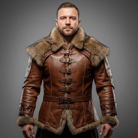 Handmade Brown Genuine Leather Coat | Custom Fur Trim Jacket