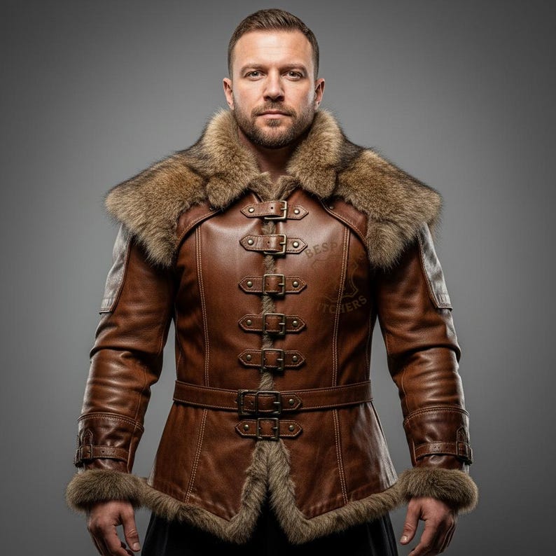 May include: A brown leather jacket with a fur collar and cuffs. The jacket has multiple buckles down the front and a belt at the waist. The jacket is a medium brown color and appears to be made of high-quality leather.
