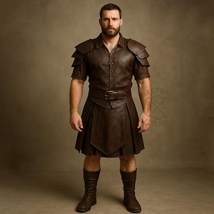 Men’s Leather Gladiator Armor Set – Custom Handmade Renaissance Warrior Costume | Real Leather Roman Spartan Kilt & Armored Vest