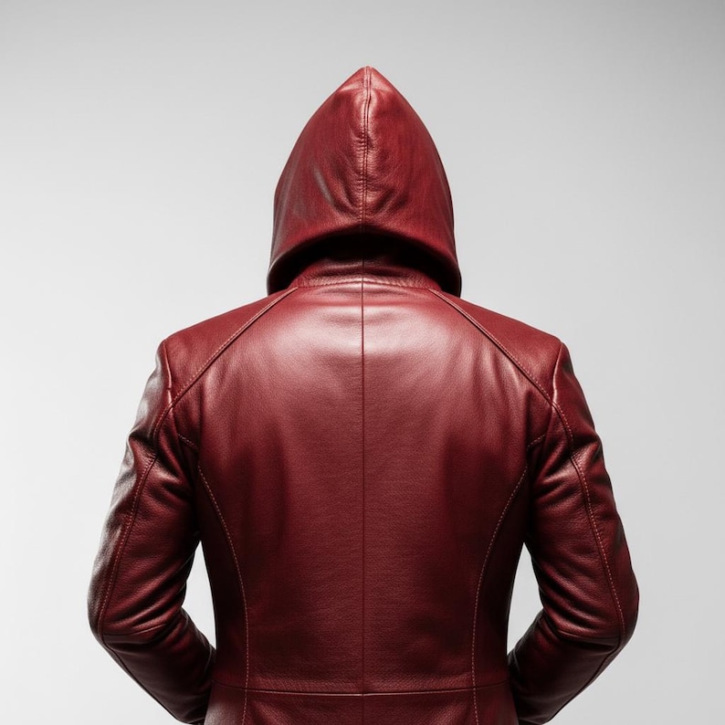 May include: A burgundy leather jacket with a hood, viewed from the back. The jacket has a tailored fit with visible stitching details along the seams. The hood is up, and the overall style suggests a modern, sleek design.