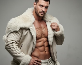 Handmade Men’s Genuine White Leather Fur Jacket | Custom Shearling Winter Coat | Tailored Aviator Style | Personalized Luxury Outerwear