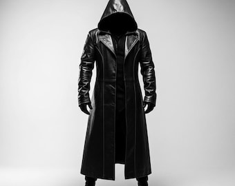 Medieval Hooded Leather Trench Coat, Gothic Assassin Duster, Genuine Cowhide Long Cloak, Handmade Custom Size Cosplay Costume