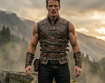 Chaleco de armadura de cuero para hombre cosido a mano, túnica de piel de vaca auténtica marrón con guanteletes, disfraz de guerrero vikingo, atuendo de LARP, fantasía y cosplay.
