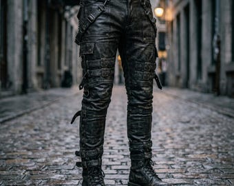 Handmade Mens Leather Pants Black Cowhide Distressed Buckle Strap Slim Fit Cargo Leather Trousers Biker Pants For Men Black Gothic Pants Men