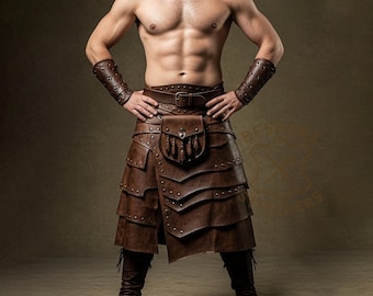 Handmade Men’s Genuine Leather Kilt | Custom Medieval Warrior Skirt | Personalized Brown Leather Costume | Tailored Renaissance Outfit