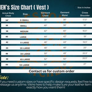 K&ouml;nnte beinhalten: Eine Gr&ouml;&szlig;entabelle f&uuml;r Westen mit Ma&szlig;en in Zoll. Gr&ouml;&szlig;en von X-Small bis 5X-Large, detailliert Brust-, Taillen- und Schulterma&szlig;e. Der Text bietet Informationen zu Sonderanfertigungen und Designw&uuml;nschen.