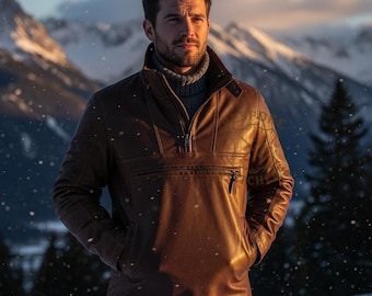 Handmade Men’s Genuine Leather Anorak Jacket | Custom Brown Half-Zip Pullover | Personalized Winter Streetwear | Tailored Fit