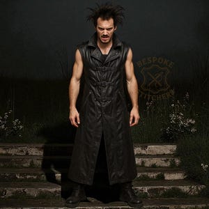 Handmade Long Leather Trench Vest with Buckle Detail | Men&#39;s Gothic Steampunk Sleeveless Coat | Custom Handmade Vest