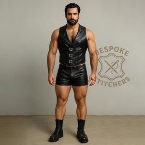 Black Leather Buckle Vest & Short Set for Men | Muscle Fit Leather Festival Outfit | Handmade Gothic Punk Clothing