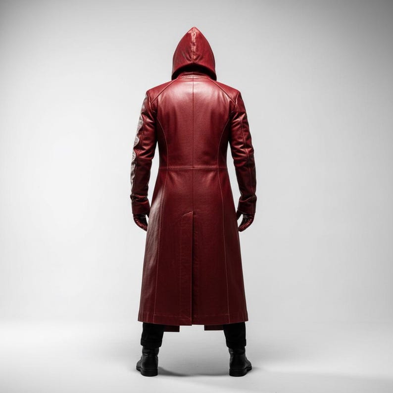 May include: A long, hooded, red leather coat. The coat features a tailored fit, long sleeves, and gloves. The person is wearing black pants and boots. The coat is a deep shade of red, and the background is a plain white.