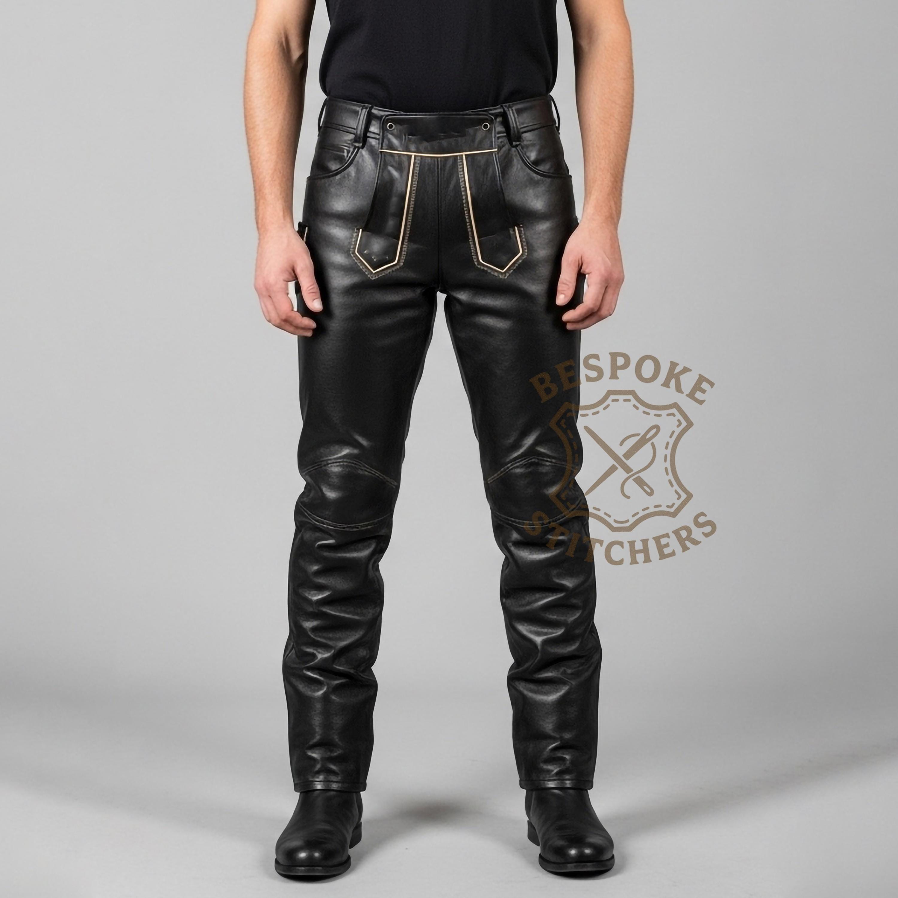 ハンドメイドメンズ本革パンツ | カスタム中世ブラックレザーパンツ