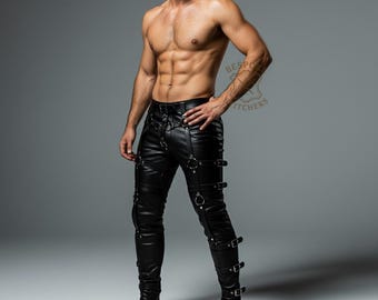 Handmade Men’s Genuine Leather Pants | Custom Black Buckle Strap Trousers | Personalized Gothic Streetwear | Tailored Fit | LeatherBlackPant