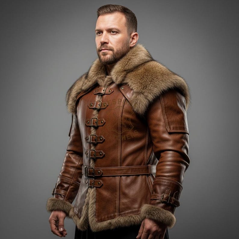 May include: A brown leather jacket with a fur collar and cuffs. The jacket features multiple buckles down the front and a belt at the waist. The sleeves are long, and the jacket appears to be well-made.