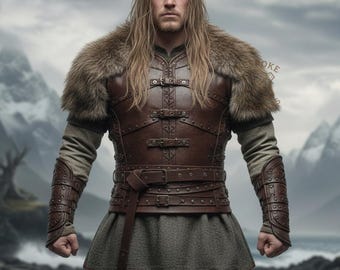 Handmade Genuine Leather Medieval Viking Armor, Fur Mantle Warrior Costume, LARP Cosplay Set, Custom Size Cowhide Leather Cuirass