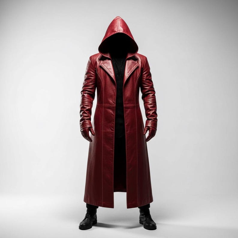 May include: A full-length, hooded red leather coat with matching gloves. The coat has a tailored fit and a long, flowing design. The person is wearing black boots and a black shirt. The background is a plain white.