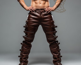 Handmade Brown Leather Pants | Custom Buckled Steampunk Trousers | Genuine Gothic Festival Wear