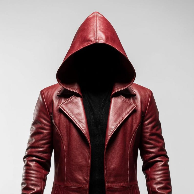 May include: A red leather hooded coat with a collared neckline. The coat has a long length and is made of a smooth, shiny material. The hood is up, obscuring the face. The coat is a deep shade of red.