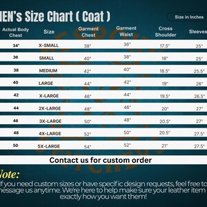 May include: A size chart for men's coats, displaying measurements in inches. The chart includes sizes from X-Small to 5X-Large, with corresponding chest, waist, shoulder, and sleeve measurements. The text "Contact us for custom order" is also visible.