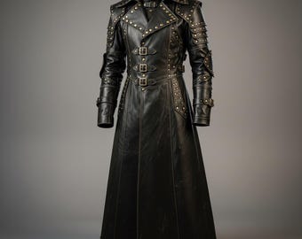 Handmade Men Leather Trench Coat Gothic Studded Duster Genuine Black Leather Steampunk Long Jacket Multi Buckle Front Biker Leather Coat