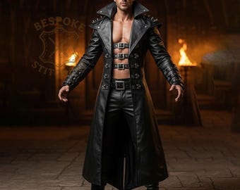 Men's Genuine Leather Gothic Trench Coat, Long Spiked Leather Jacket, Black Steampunk Cosplay Costume