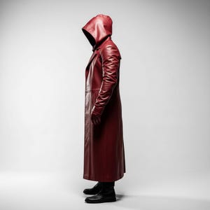 May include: A long, hooded, burgundy leather coat. The coat features a tailored fit, long sleeves, and a full-length design. The hood is up, and the coat is paired with black boots. The overall style is sleek and modern.
