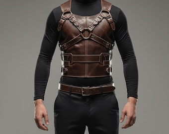 Handgefertigte Mittelalterliche Rüstungs-Weste aus echtem Leder, Krieger / Kriegerin in Sondergröße, Brustharness, Gothic Fantasy Cosplay, LARP & Festival Kostüm