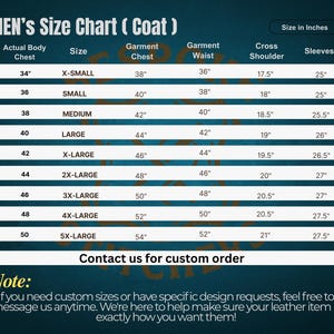 May include: A size chart for men's coats, with measurements in inches. The chart includes sizes from X-Small to 5X-Large, detailing actual body chest, garment chest, waist, cross shoulder, and sleeve lengths. The chart also includes a note about custom orders.