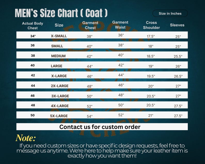 May include: A size chart for men's coats, with measurements in inches. The chart includes sizes from X-Small to 5X-Large, detailing actual body chest, garment chest, waist, cross shoulder, and sleeve lengths. The chart also includes a note about custom orders.