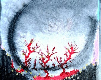 Heavy Sky Miniature Original Hand Drawn Artwork 4x4cm Melancholic Surreal Art Gift Dystopian Drawing