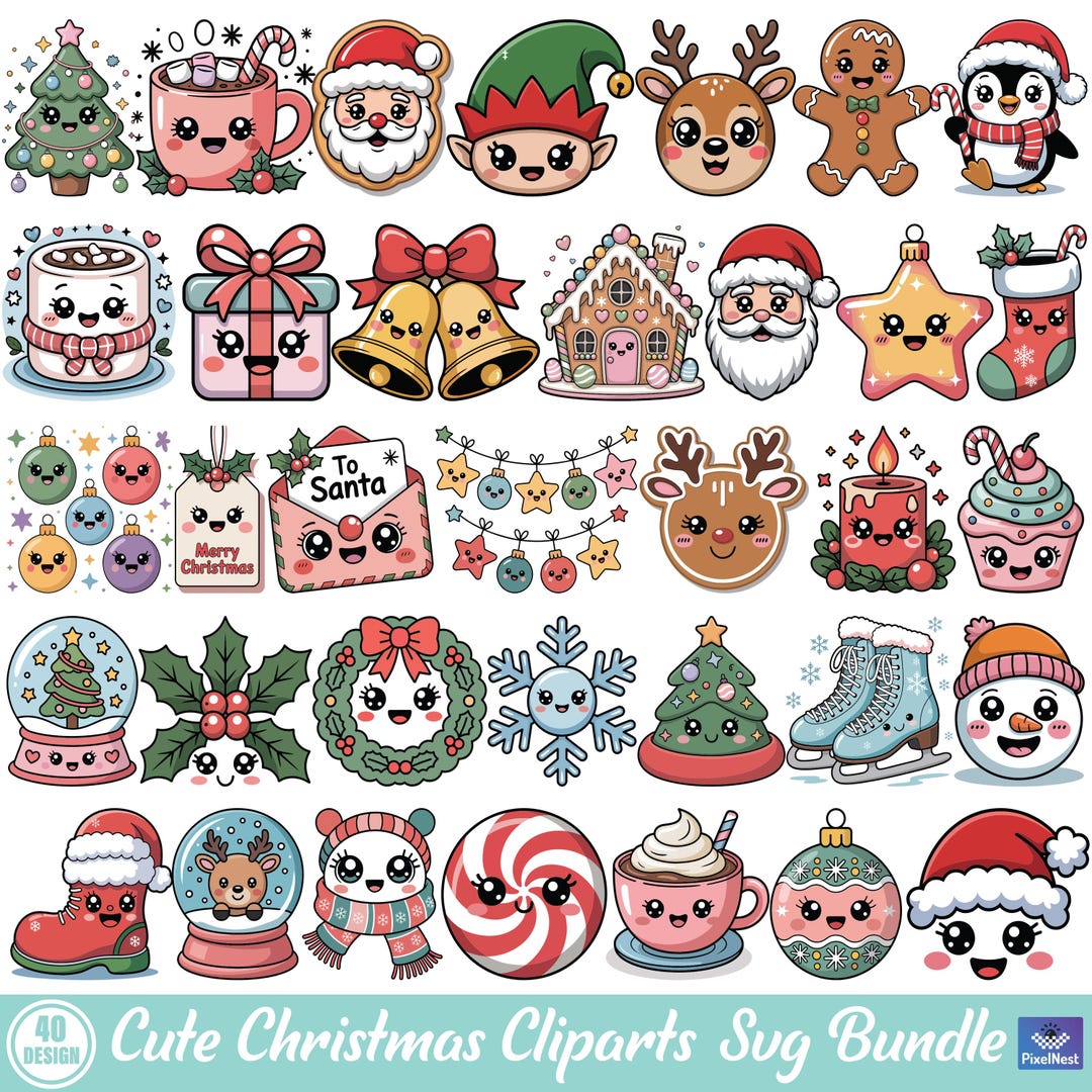 Cute Christmas Clipart Bundle, Kawaii Holiday SVG, Santa Reindeer ...