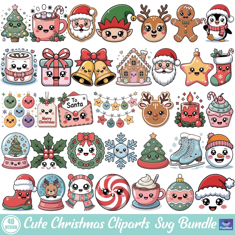 Cute Christmas Clipart Bundle, Kawaii Holiday SVG, Santa Reindeer ...