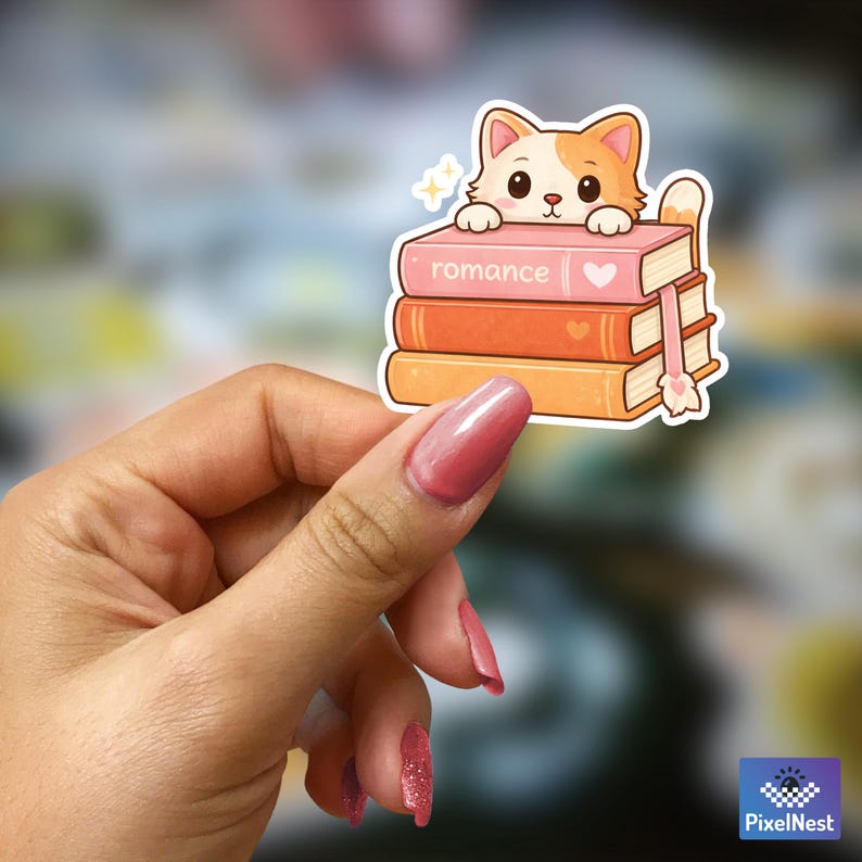 Puede incluir: Una pegatina con un gato de dibujos animados mirando por encima de una pila de libros. El libro superior es rosa y dice "romance" con un coraz&oacute;n. El gato es naranja y blanco con ojos grandes. Una cinta rosa de marcador cuelga de los libros.