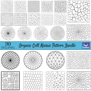 Könnte beinhalten: Eine Sammlung von 30 organischen Zellmosaikmustern in Schwarzweiß, im SVG- und PNG-Format. Die Muster umfassen verschiedene geometrische und organische Formen, wie Kreise, Quadrate und unregelmäßige Polygone, mit unterschiedlichen Texturen.