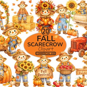 Pode incluir: Uma coleção de 20 imagens clipart de espantalhos com tema de outono. As ilustrações apresentam espantalhos com abóboras, girassóis e um trator. As imagens são em estilo aquarela, com uma paleta de cores laranja e marrom. O texto "Fall Scarecrow Clipart" está incluído.