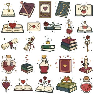 May include: A collection of whimsical illustrations featuring books, keys, roses, hearts, scrolls, and potion bottles. The designs have a vintage aesthetic with a color palette of reds, greens, and golds, with a touch of sparkle.