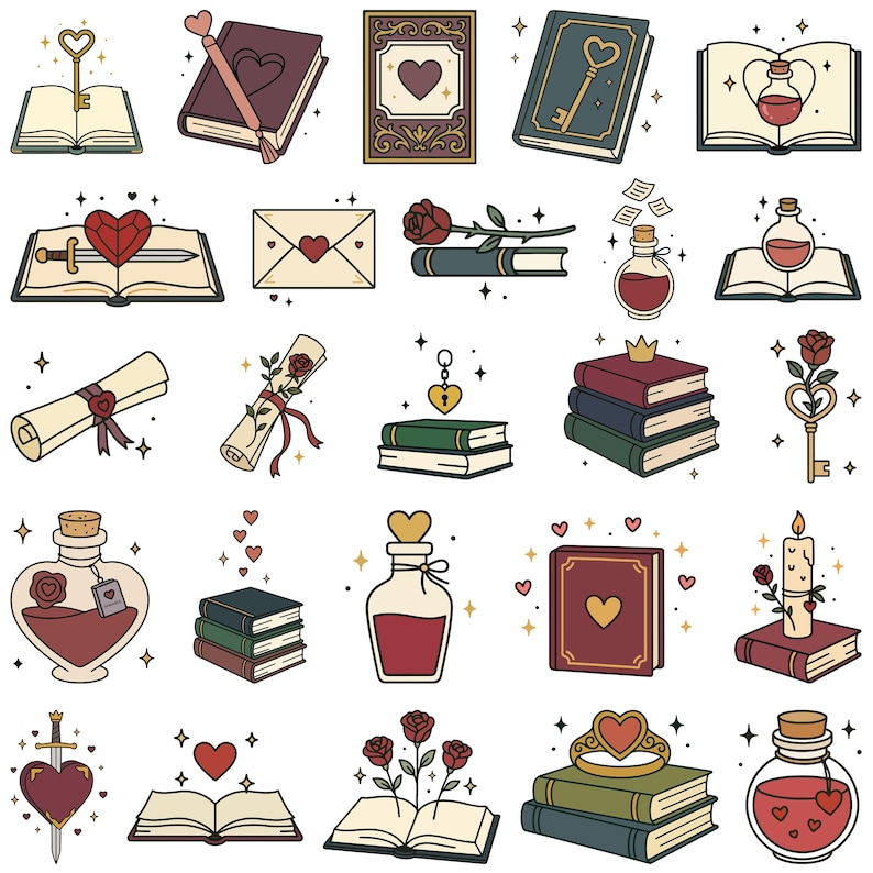 May include: A collection of whimsical illustrations featuring books, keys, roses, hearts, scrolls, and potion bottles. The designs have a vintage aesthetic with a color palette of reds, greens, and golds, with a touch of sparkle.