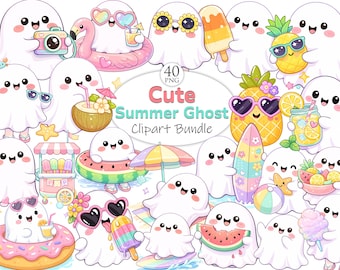 May include: A collection of cute cartoon ghosts enjoying summer activities. The ghosts are white with smiling faces and are shown with sunglasses, drinks, and summer treats. The image includes the text "Cute Summer Ghost Clipart Bundle".