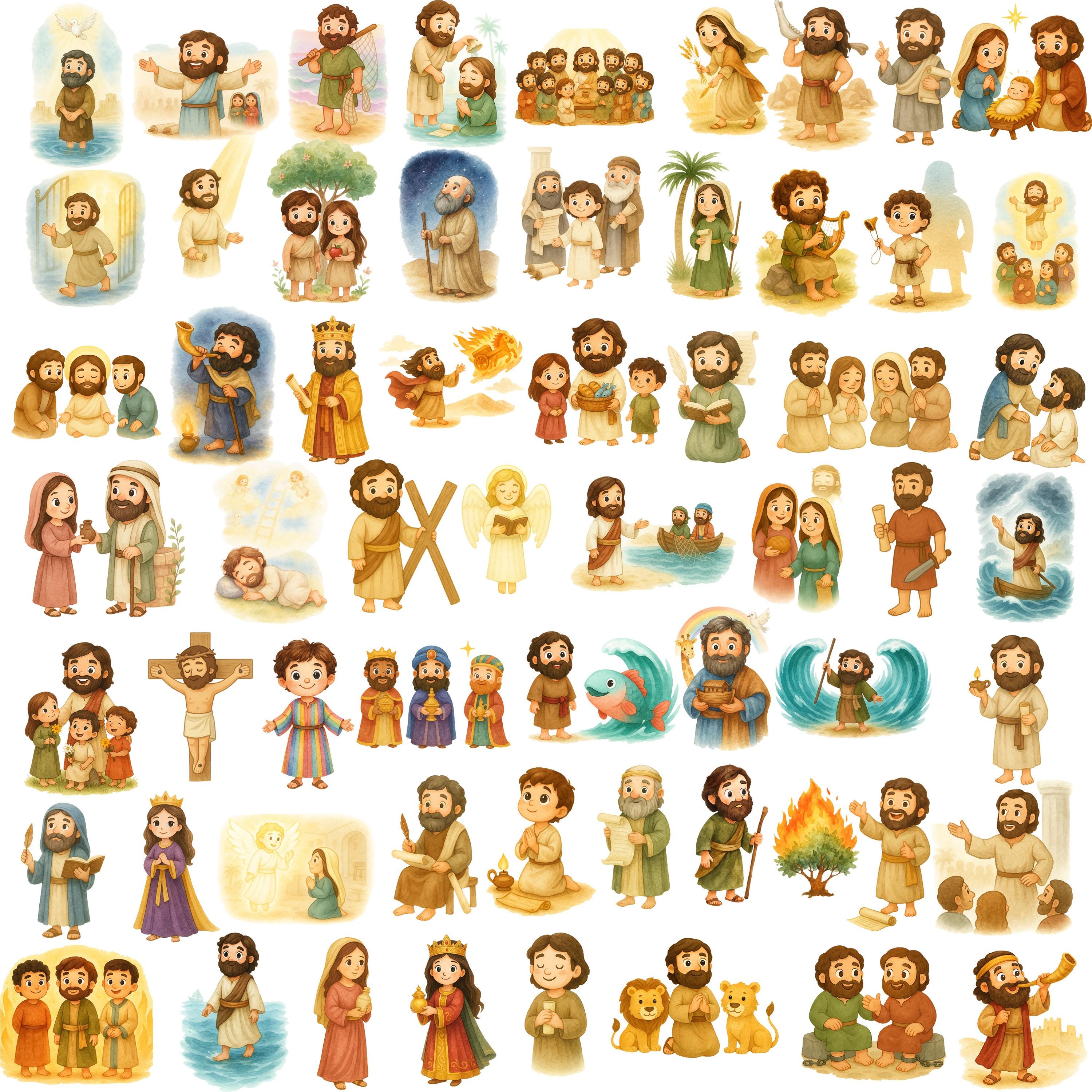 Christian Bible Watercolor Clipart Bundle, Cute Jesus Bible Stories PNG ...