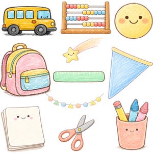 May include: A collection of colorful, hand-drawn school-themed illustrations. Includes a yellow school bus, abacus, smiley face, backpack, shooting star, ruler, pennant, paper, scissors, pencil cup with pencils and crayons, and a garland.