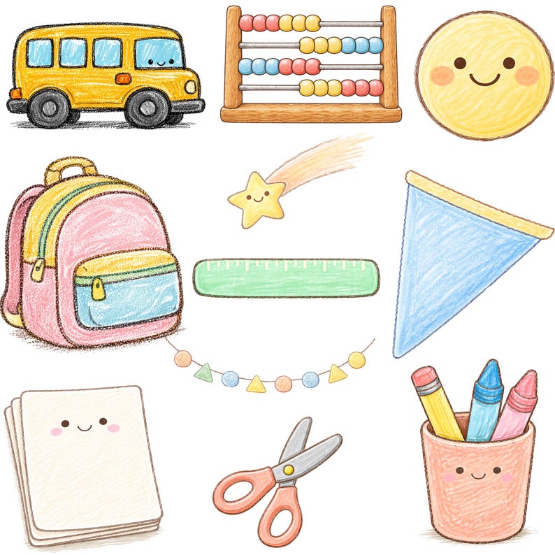 May include: A collection of colorful, hand-drawn school-themed illustrations. Includes a yellow school bus, abacus, smiley face, backpack, shooting star, ruler, pennant, paper, scissors, pencil cup with pencils and crayons, and a garland.