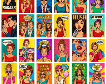 Sassy pop-art posterbundel, retro komische muurkunstprints, gedurfde girl power esthetiek, vintage popillustraties, retro vrouwenpop digitaal, png