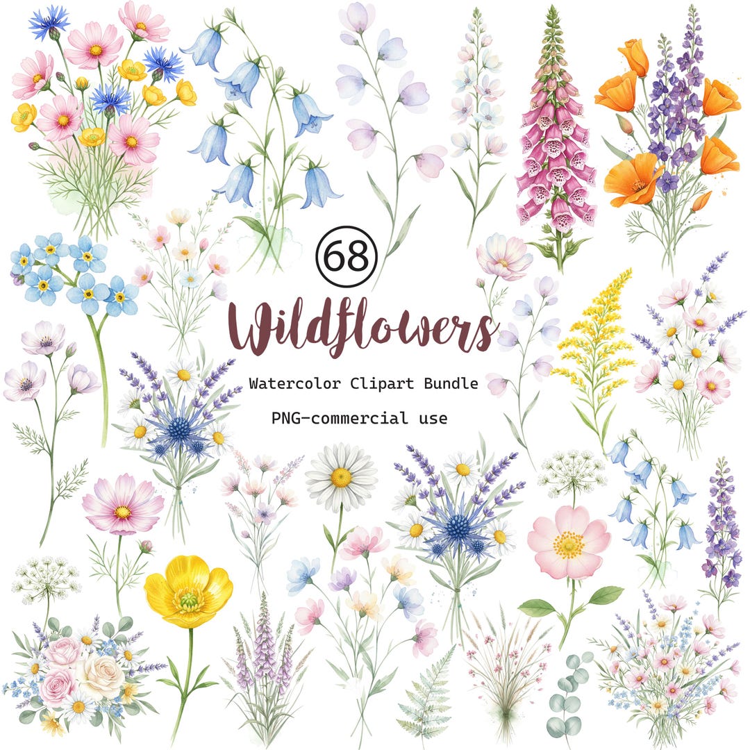 Wildflowers Watercolor Clipart Bundle, Spring Wildflower Bouquet Png ...