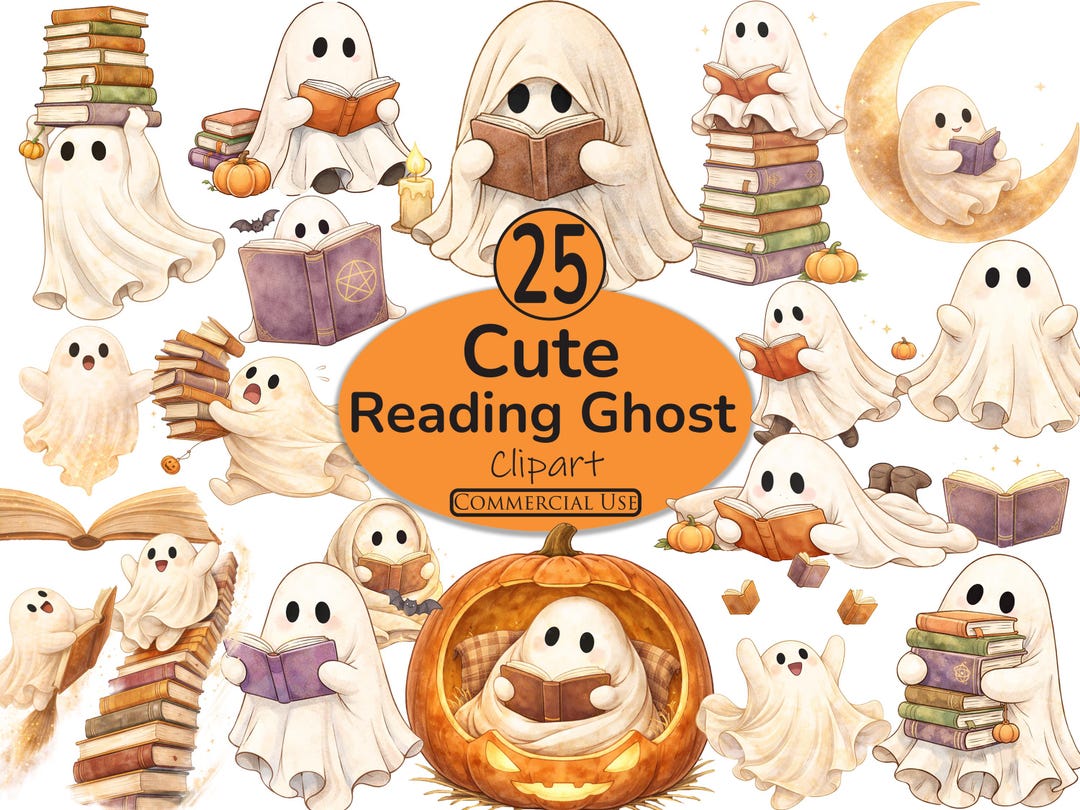 Cute Reading Ghost PNG Bundle,book Lover Ghost Clipart, Halloween Ghost ...