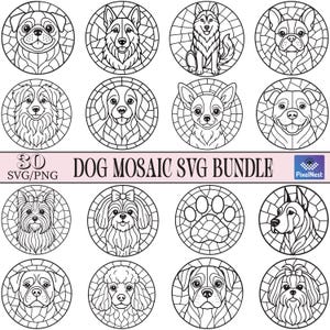 May include: A set of dog mosaic SVG/PNG designs, each depicting a different breed in a stained-glass style. Breeds include a pug, husky, and chihuahua. The text "DOG MOSAIC SVG BUNDLE" is displayed.