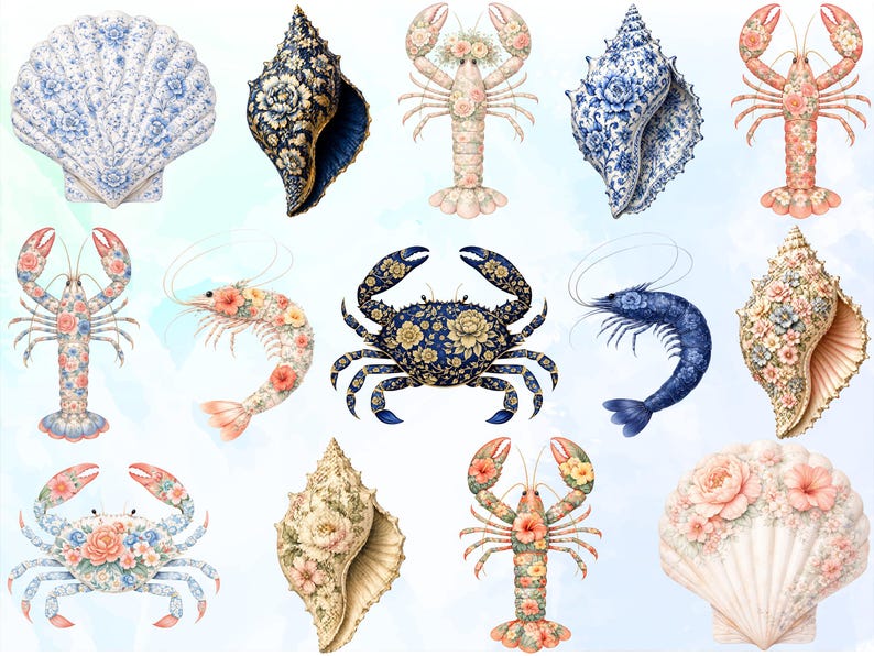 Chinoiserie Floral Shellfish PNG Bundle, Coastal Seashell Crab Lobster ...