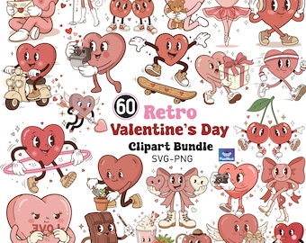 Retro Valentine Svg Bundle, Cute Heart Characters Png, Vintage Valentine Graphics, Kawaii Love Clipart, Groovy Romantic Art, Valentines Day