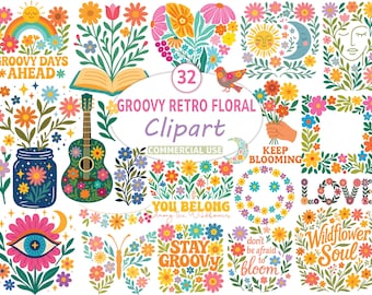 Paquete SVG floral retro con estilo, flores bohemias con efecto floreado PNG, diseños florales bohemios con estilo, flores bohemias abstractas PNG para uso comercial